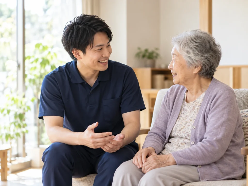 利用者様に目線を合わせて話す男性スタッフ